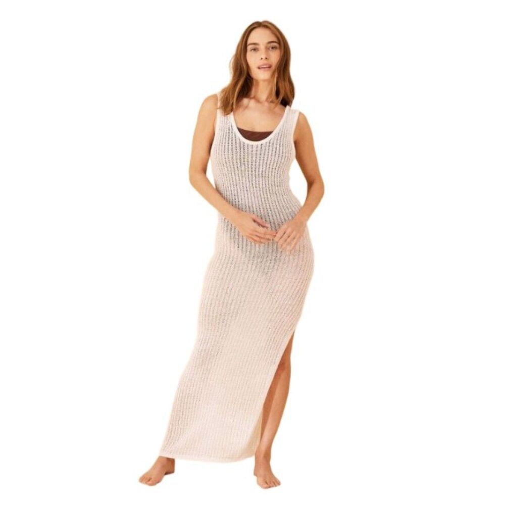 Shade & Shore Crochet Knit Dress Womens M Cream Midi Boho Beach Swim Cover New